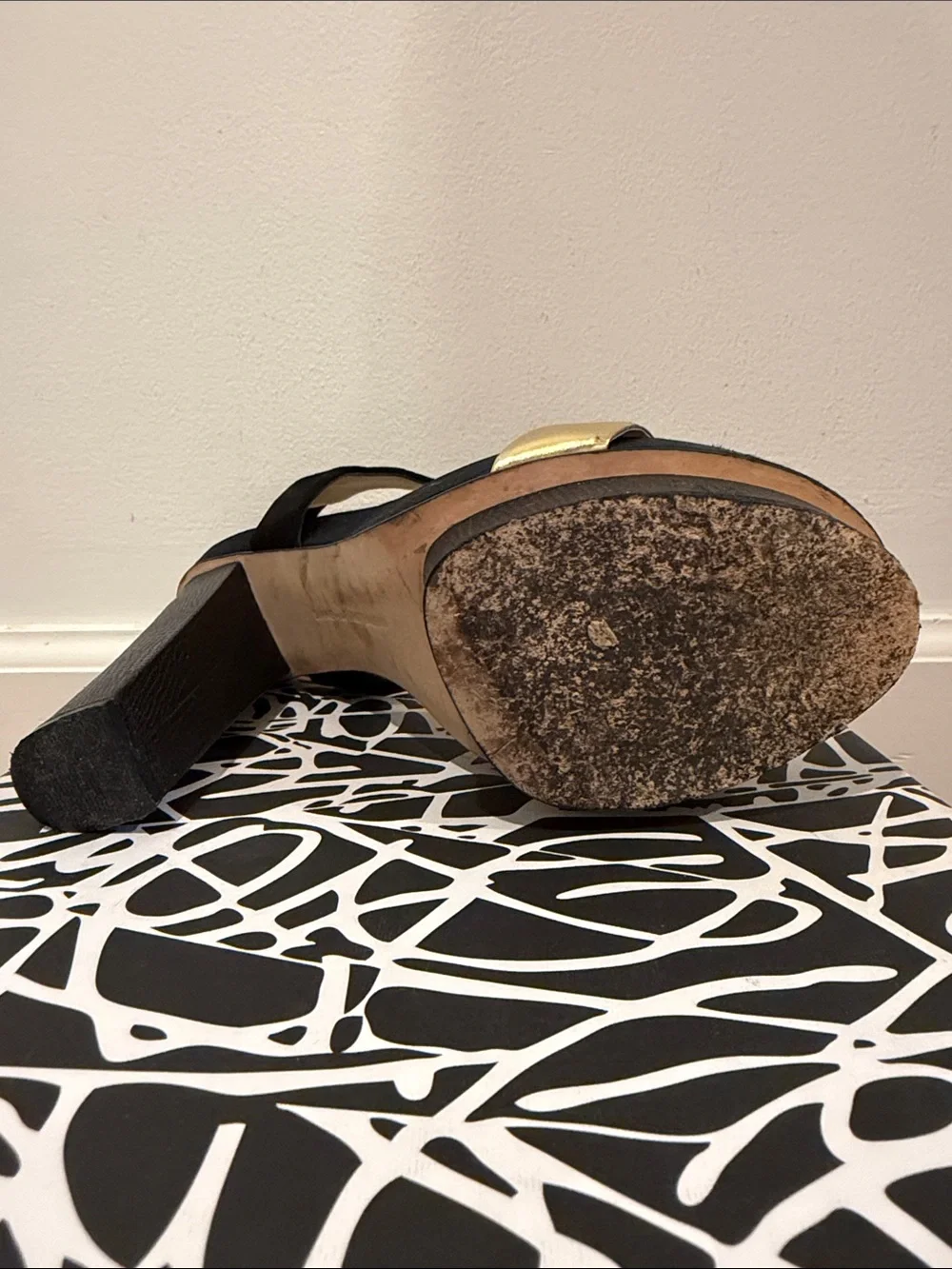 Diane Von Furstenberg Black and Gold Platform Block Heel Sandals